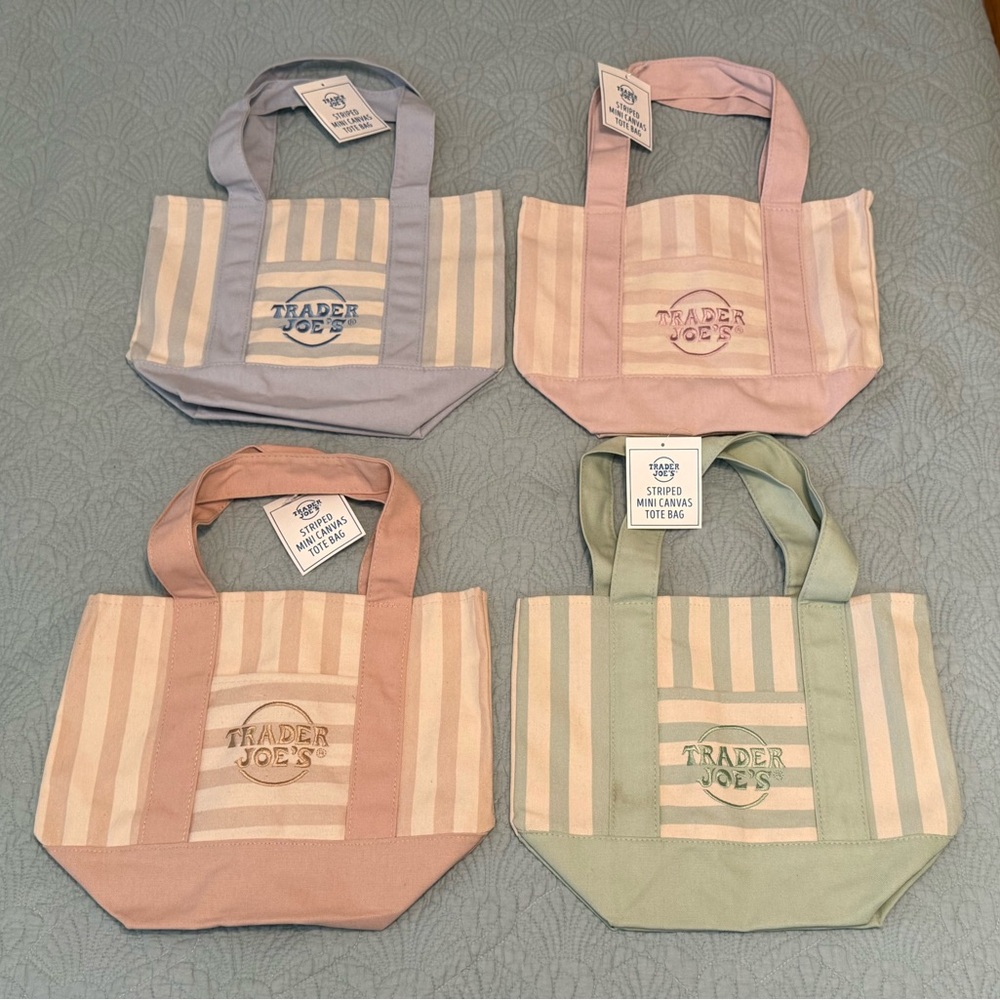 SET OF FOUR pastel-striped Trader Joe’s mini totes. Brand new with tags.